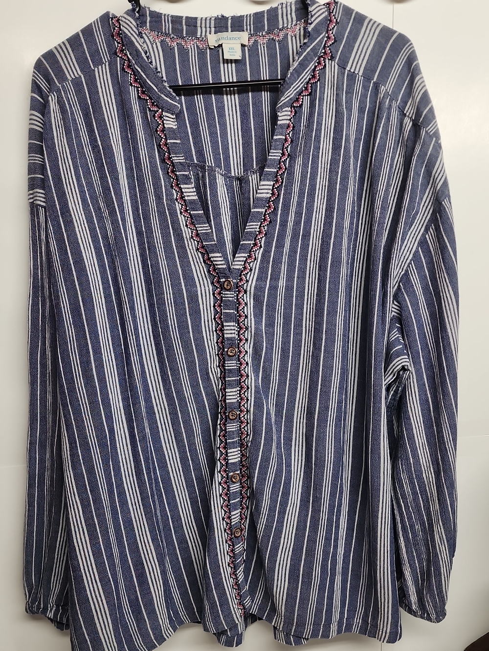 Sundance Navy and White Striped Button-Down Shirt w/embroidered Trim Detail XXL